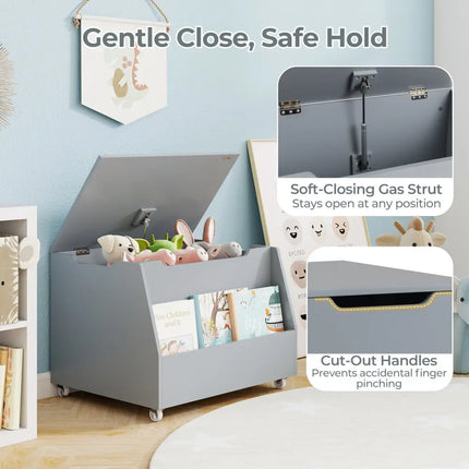 Wooden Mobile Toy Storage Organizer with Bookshelf and Lockable Wheels-Gray - Gray - Kids Storage