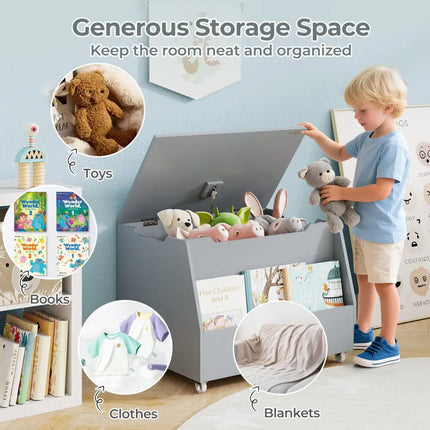 Wooden Mobile Toy Storage Organizer with Bookshelf and Lockable Wheels-Gray - Gray - Kids Storage