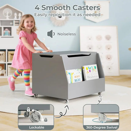 Wooden Mobile Toy Storage Organizer with Bookshelf and Lockable Wheels-Gray - Gray - Kids Storage
