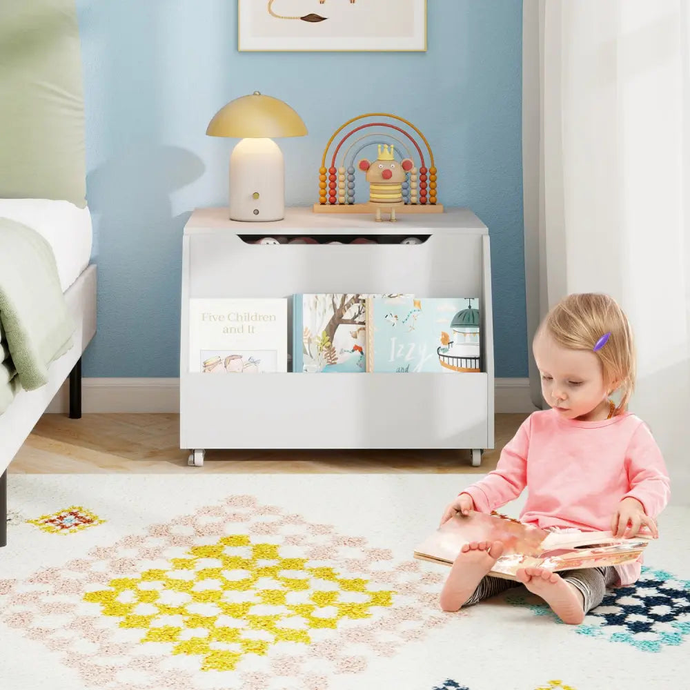 Wooden Mobile Toy Storage Organizer with Bookshelf and Lockable Wheels-White - White - Kids Storage