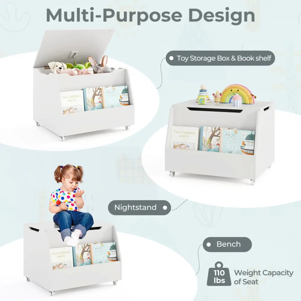 Wooden Mobile Toy Storage Organizer with Bookshelf and Lockable Wheels-White - White - Kids Storage