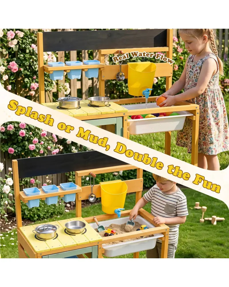 Wooden Mud Kitchen for Toddlers with Faucet and Water Tank-Yellow - Yellow - Play Kitchen Sets