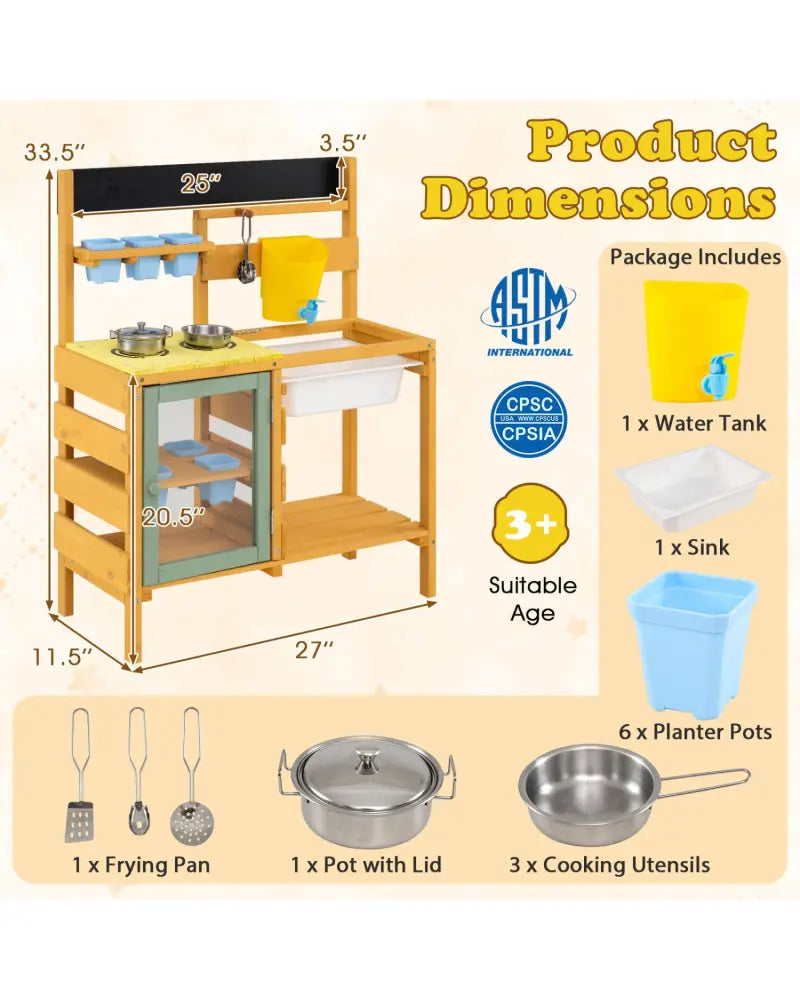 Wooden Mud Kitchen for Toddlers with Faucet and Water Tank-Yellow - Yellow - Play Kitchen Sets