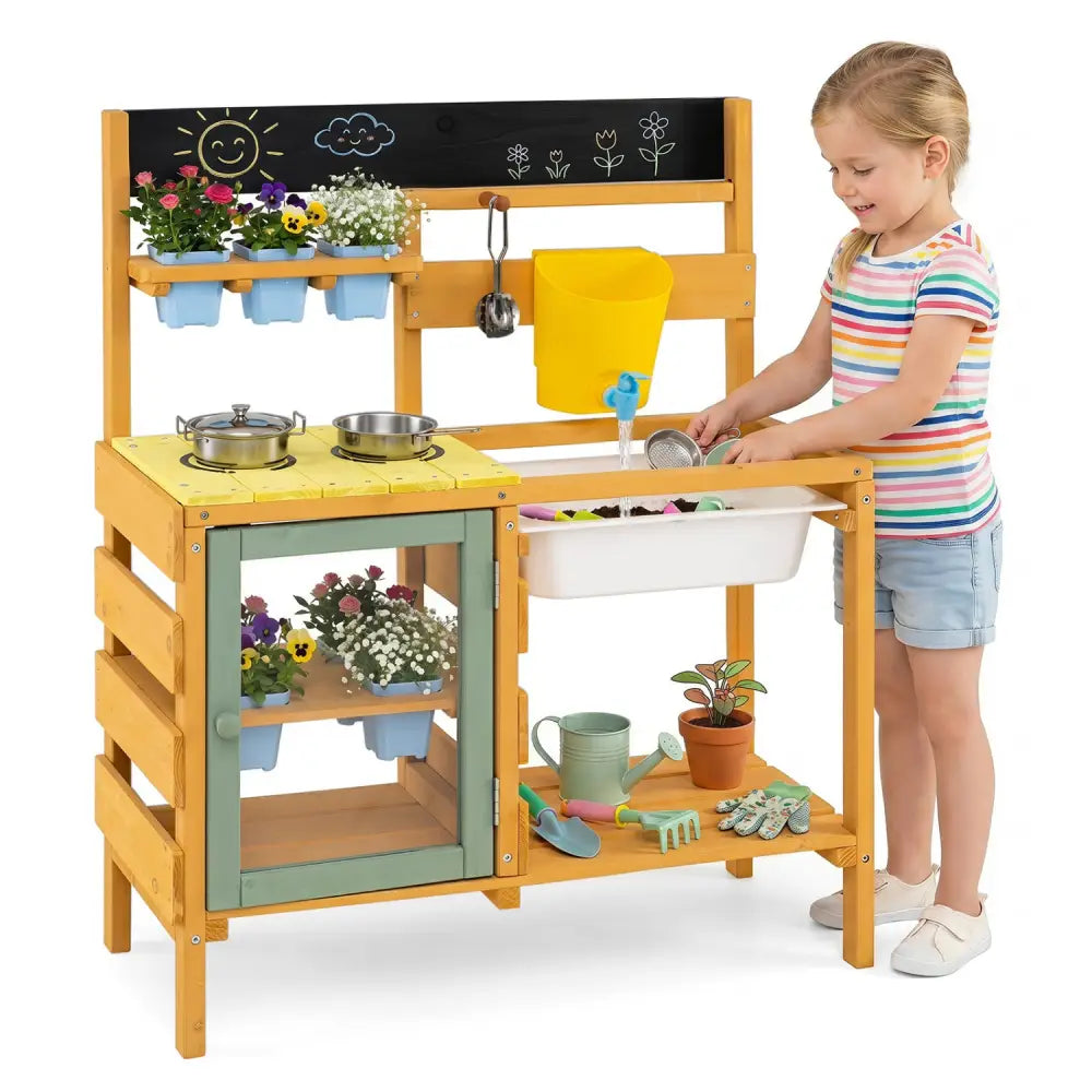 Wooden Mud Kitchen for Toddlers with Faucet and Water Tank-Yellow - Yellow - Play Kitchen Sets
