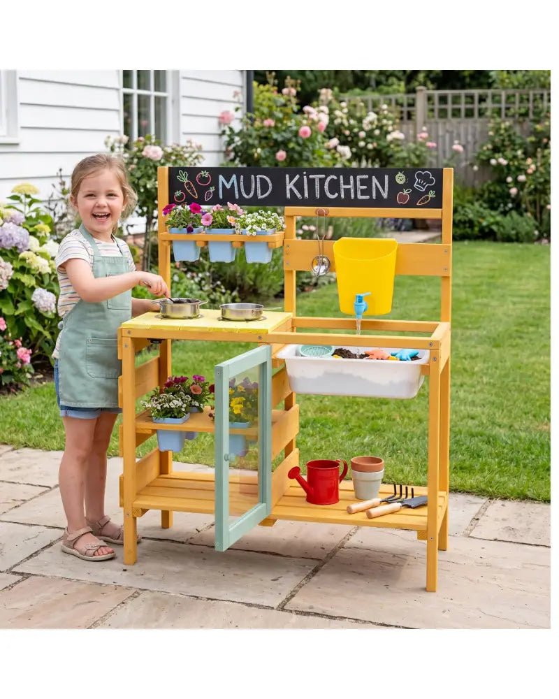 Wooden Mud Kitchen for Toddlers with Faucet and Water Tank-Yellow - Yellow - Play Kitchen Sets