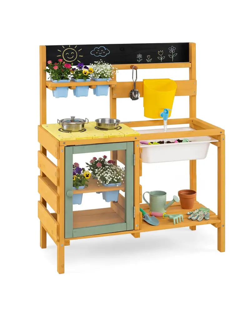 Wooden Mud Kitchen for Toddlers with Faucet and Water Tank-Yellow - Yellow - Play Kitchen Sets