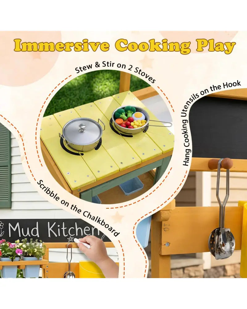 Wooden Mud Kitchen for Toddlers with Faucet and Water Tank-Yellow - Yellow - Play Kitchen Sets