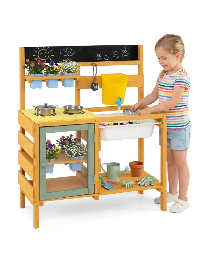Wooden Mud Kitchen for Toddlers with Faucet and Water Tank-Yellow - Yellow - Play Kitchen Sets