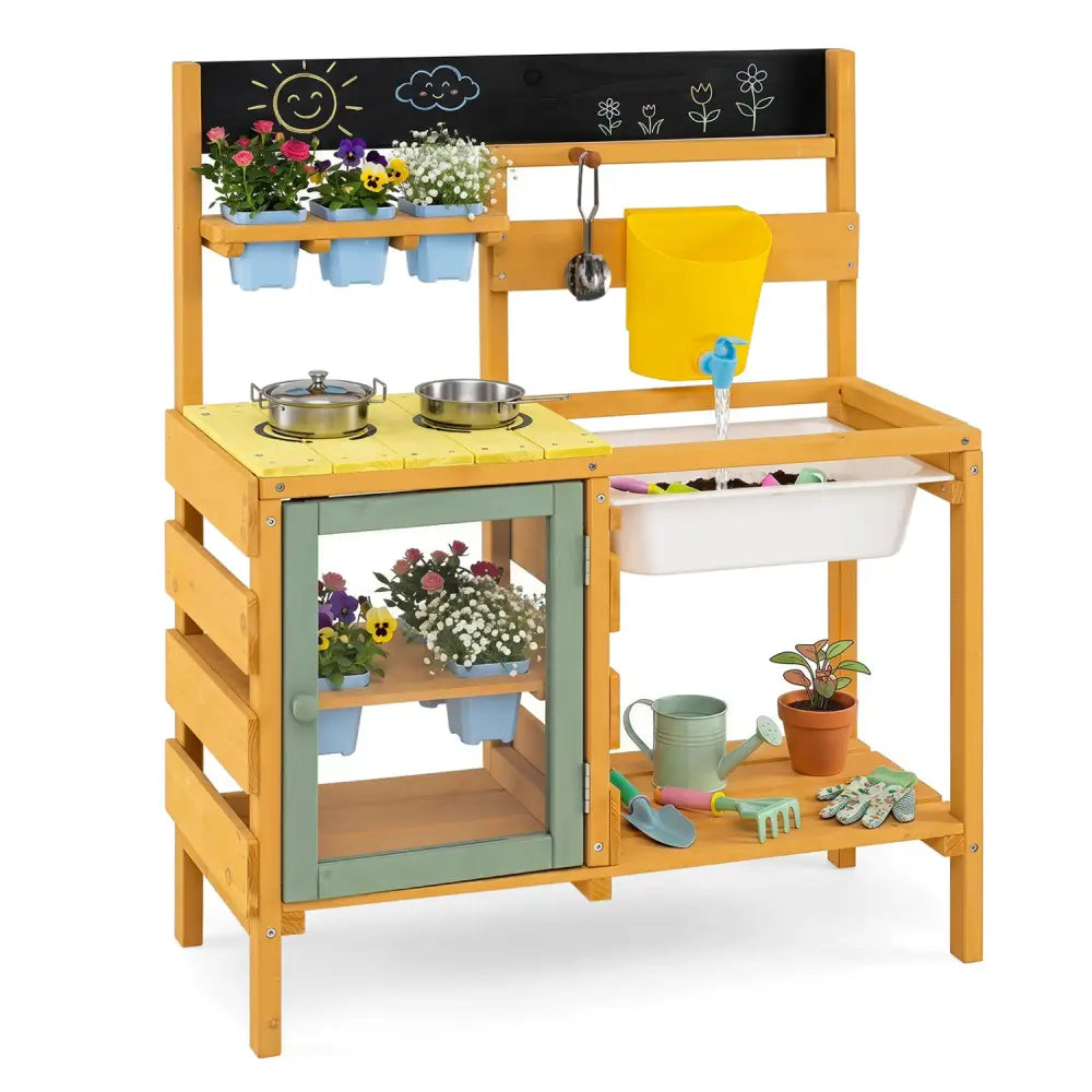 Wooden Mud Kitchen for Toddlers with Faucet and Water Tank-Yellow - Yellow - Play Kitchen Sets