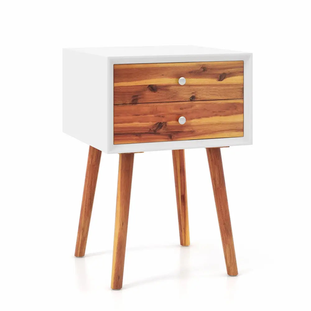 Wooden Nightstand Mid-Century End Side Table with 2 Storage Drawers-Brown - Brown - Nightstands