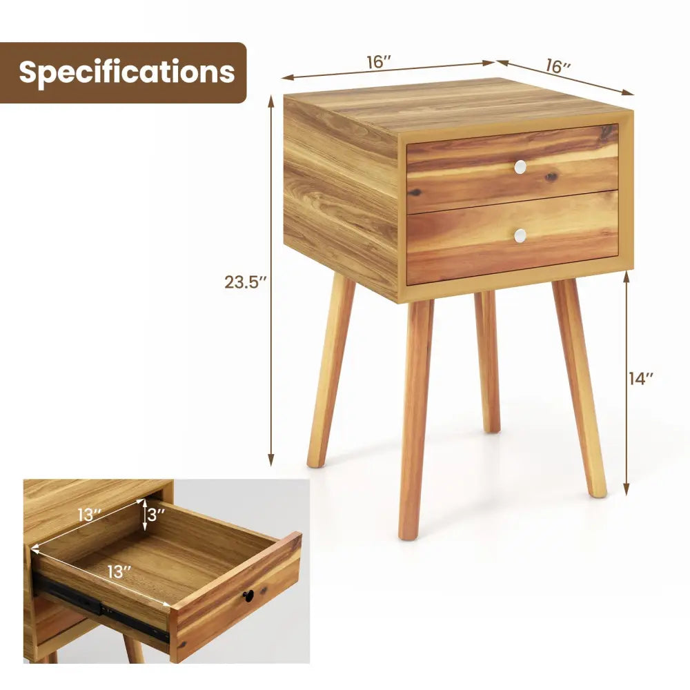Wooden Nightstand Mid-Century End Side Table with 2 Storage Drawers-Natural - Natural - Nightstands