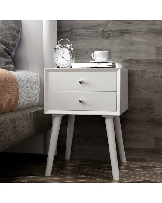 Wooden Nightstand Mid-Century End Side Table with 2 Storage Drawers-White - White - Nightstands
