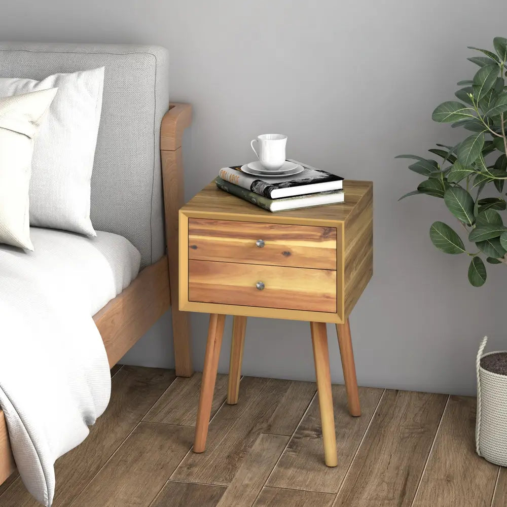 Wooden Nightstand Mid-Century End Side Table with 2 Storage Drawers-Natural - Natural - Nightstands