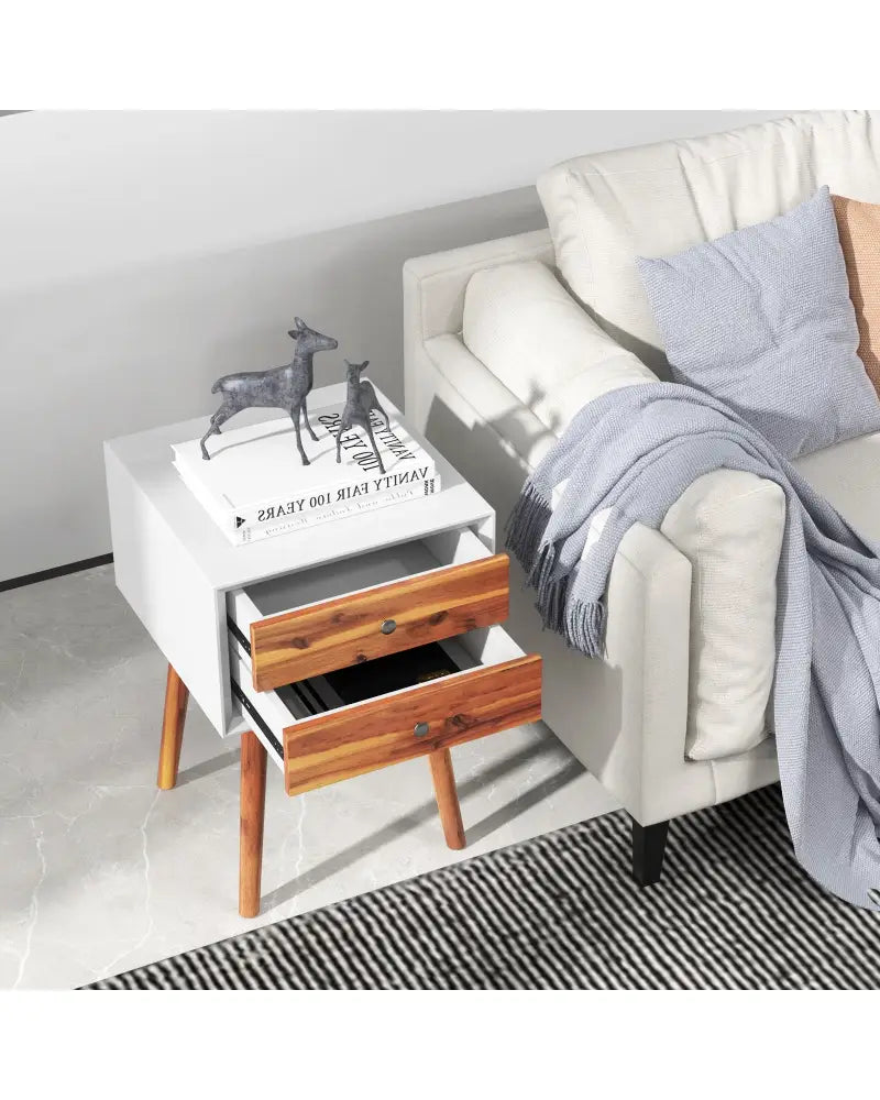 Wooden Nightstand Mid-Century End Side Table with 2 Storage Drawers-Brown - Brown - Nightstands