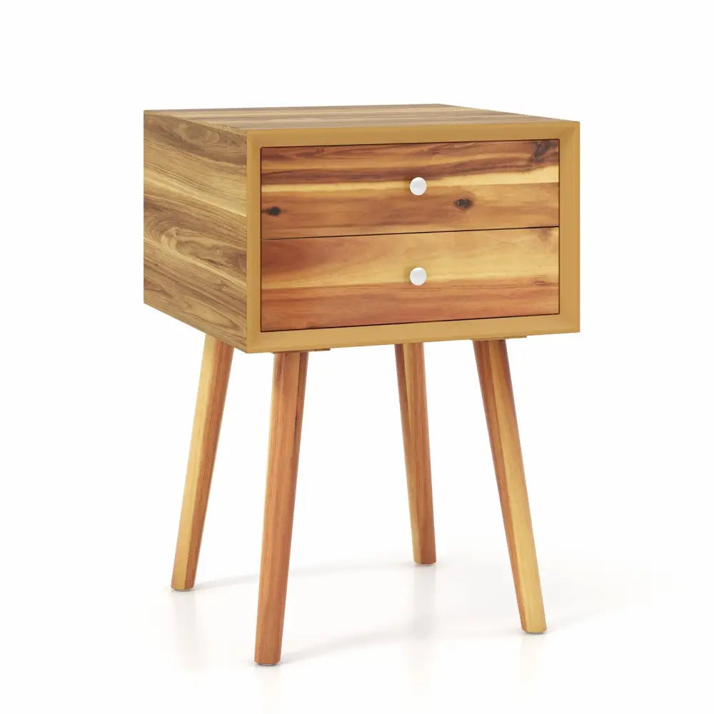 Wooden Nightstand Mid-Century End Side Table with 2 Storage Drawers-Natural - Natural - Nightstands