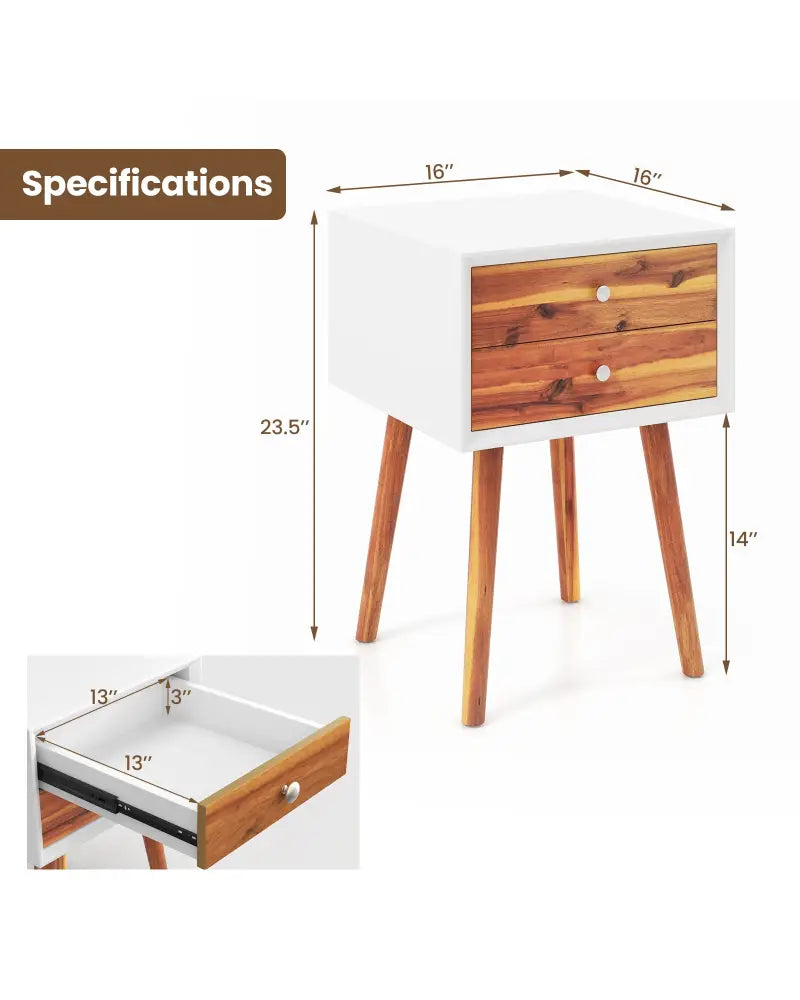 Wooden Nightstand Mid-Century End Side Table with 2 Storage Drawers-Brown - Brown - Nightstands