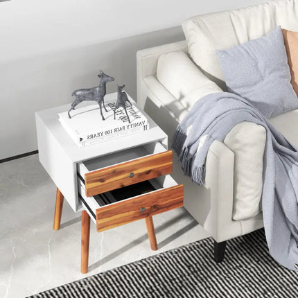 Wooden Nightstand Mid-Century End Side Table with 2 Storage Drawers-Brown - Brown - Nightstands