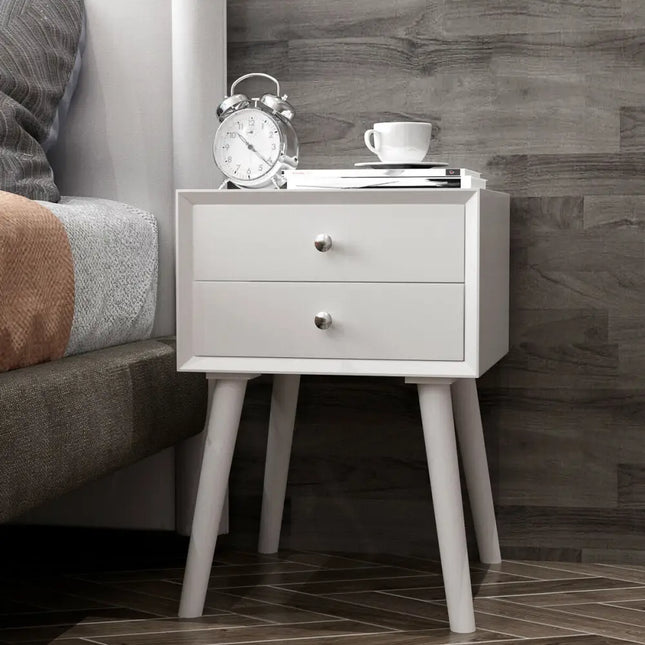 Wooden Nightstand Mid-Century End Side Table with 2 Storage Drawers-White - White - Nightstands