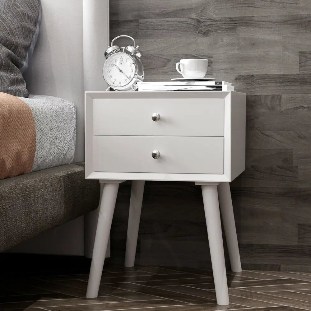 Wooden Nightstand Mid-Century End Side Table with 2 Storage Drawers-White - White - Nightstands