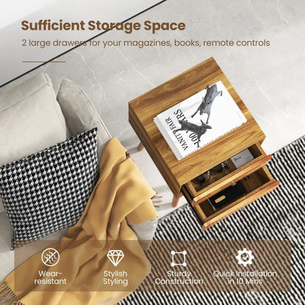 Wooden Nightstand Mid-Century End Side Table with 2 Storage Drawers-Natural - Natural - Nightstands
