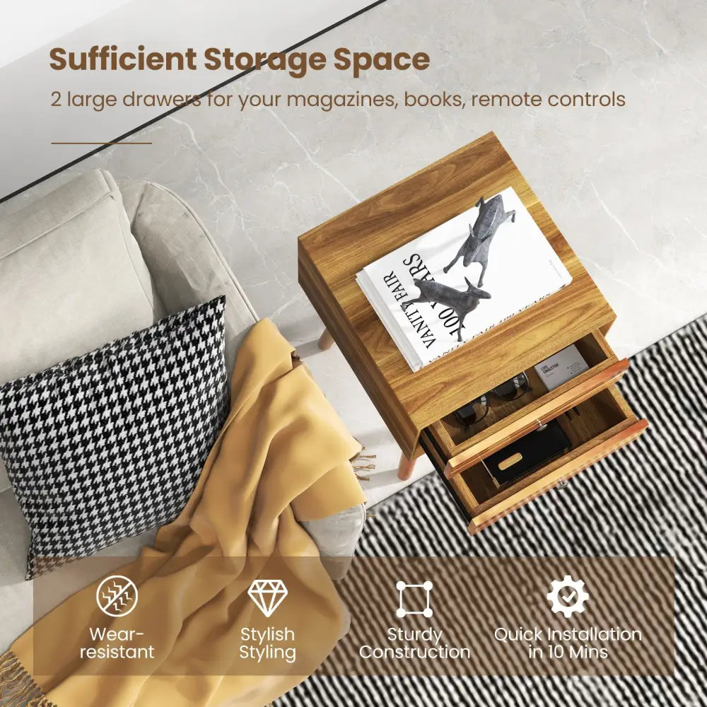 Wooden Nightstand Mid-Century End Side Table with 2 Storage Drawers-Natural - Natural - Nightstands