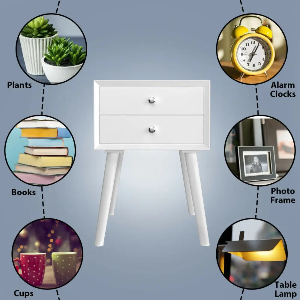 Wooden Nightstand Mid-Century End Side Table with 2 Storage Drawers-White - White - Nightstands