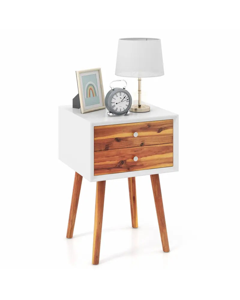 Wooden Nightstand Mid-Century End Side Table with 2 Storage Drawers-Brown - Brown - Nightstands