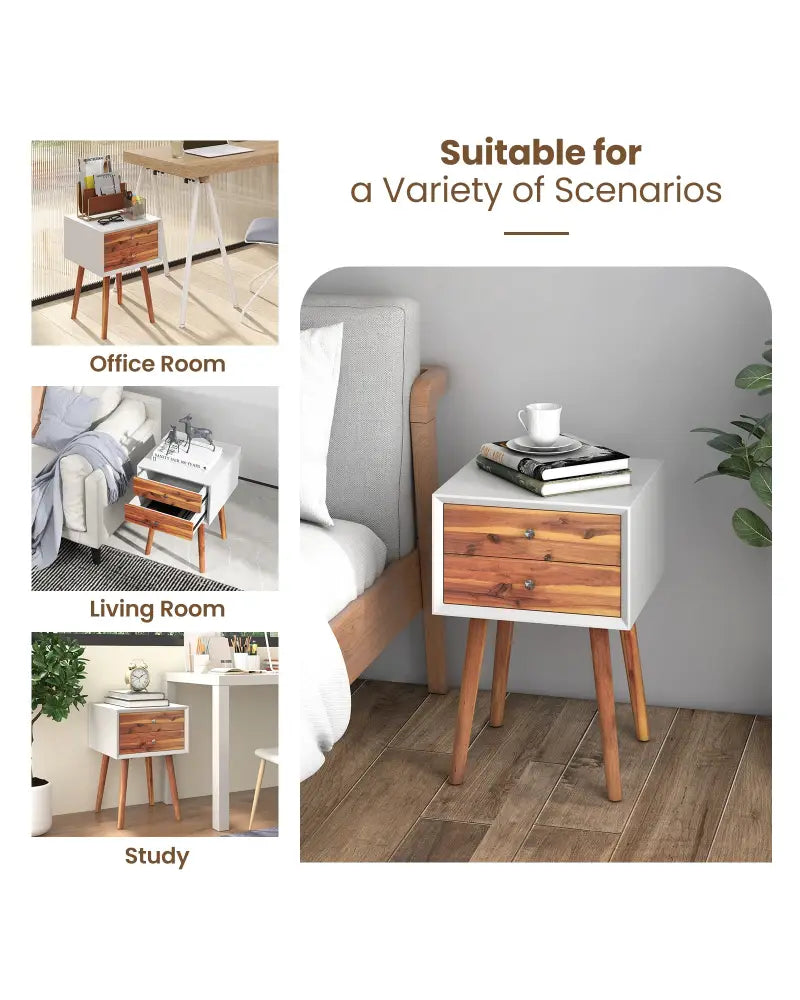 Wooden Nightstand Mid-Century End Side Table with 2 Storage Drawers-Brown - Brown - Nightstands