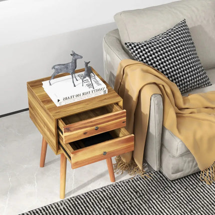 Wooden Nightstand Mid-Century End Side Table with 2 Storage Drawers-Natural - Natural - Nightstands