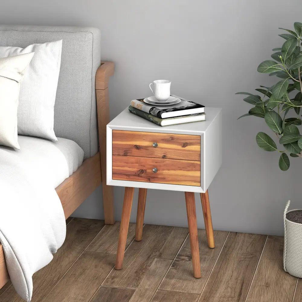 Wooden Nightstand Mid-Century End Side Table with 2 Storage Drawers-Brown - Brown - Nightstands