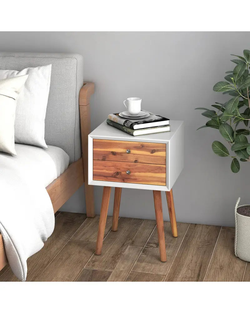 Wooden Nightstand Mid-Century End Side Table with 2 Storage Drawers-Brown - Brown - Nightstands