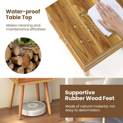 Wooden Nightstand Mid-Century End Side Table with 2 Storage Drawers-Natural - Natural - Nightstands