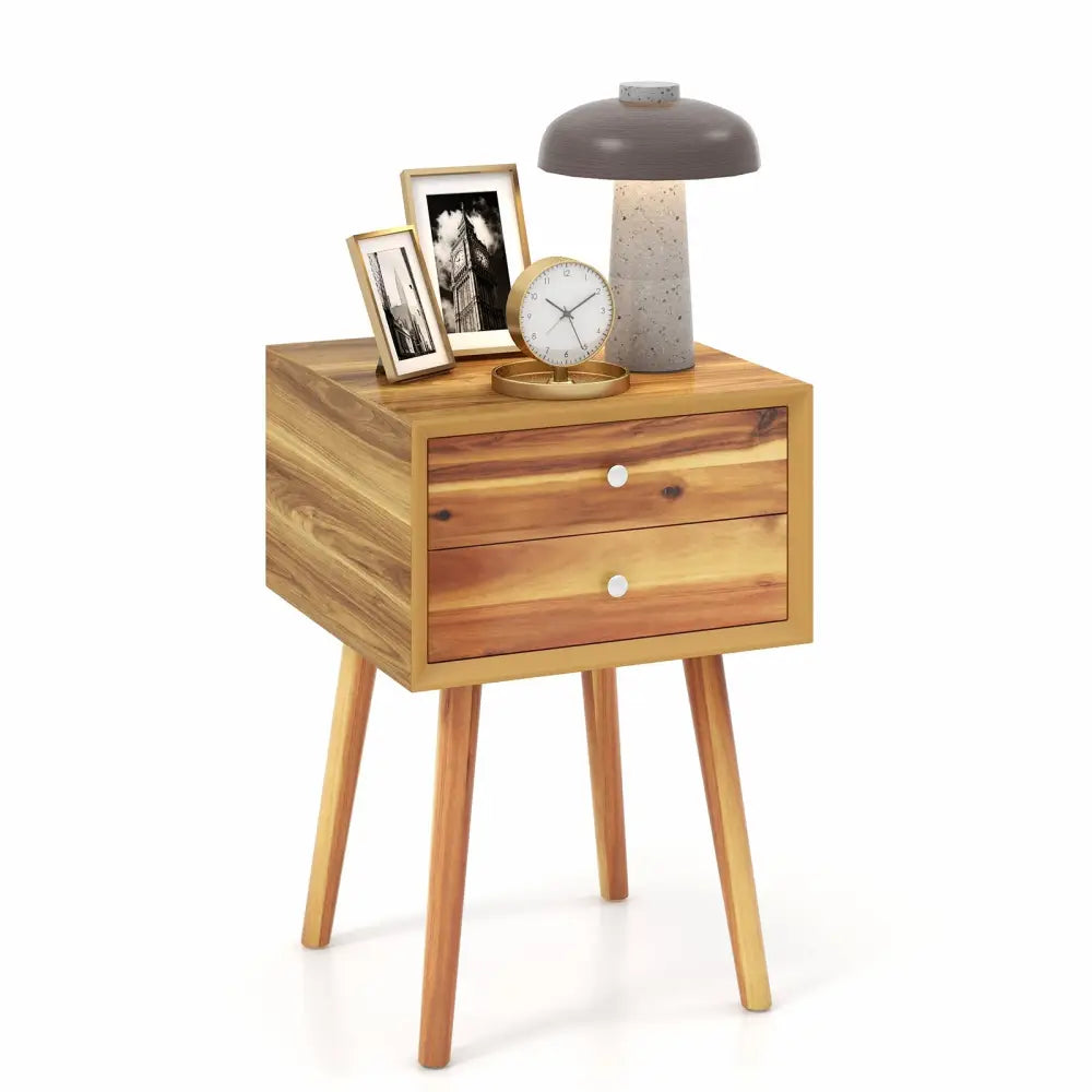 Wooden Nightstand Mid-Century End Side Table with 2 Storage Drawers-Natural - Natural - Nightstands