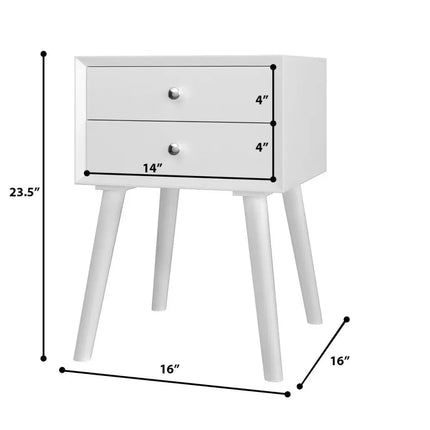 Wooden Nightstand Mid-Century End Side Table with 2 Storage Drawers-White - White - Nightstands