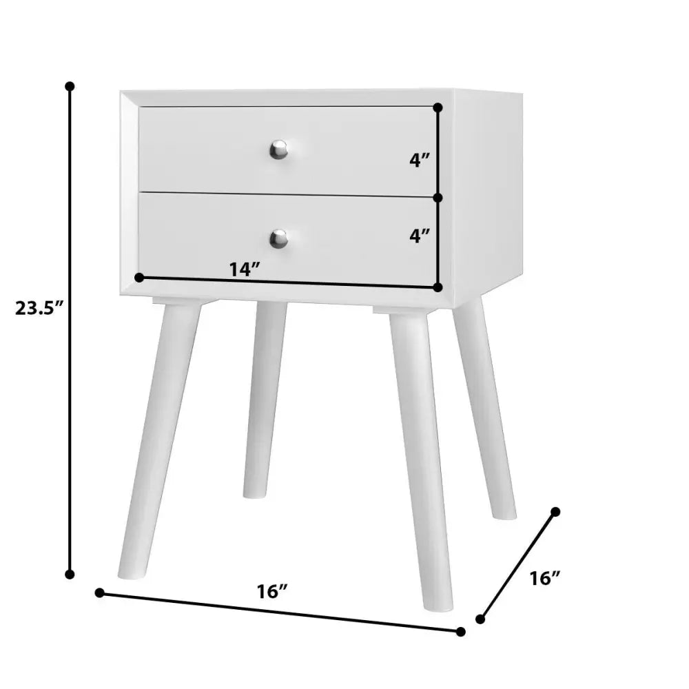 Wooden Nightstand Mid-Century End Side Table with 2 Storage Drawers-White - White - Nightstands