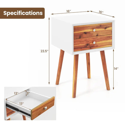 Wooden Nightstand Mid-Century End Side Table with 2 Storage Drawers-Brown - Brown - Nightstands