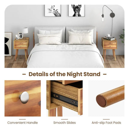 Wooden Nightstand Mid-Century End Side Table with 2 Storage Drawers-Natural - Natural - Nightstands