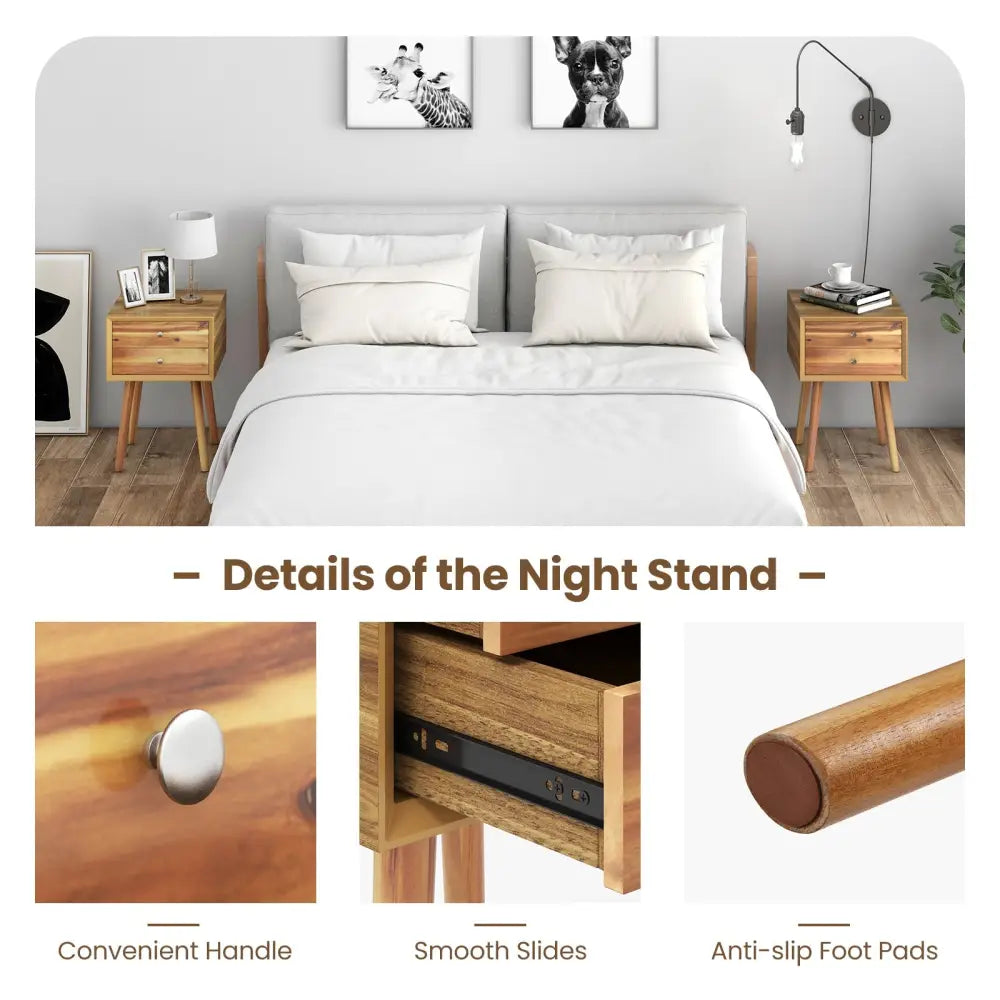 Wooden Nightstand Mid-Century End Side Table with 2 Storage Drawers-Natural - Natural - Nightstands