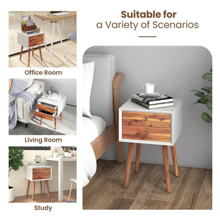 Wooden Nightstand Mid-Century End Side Table with 2 Storage Drawers-Brown - Brown - Nightstands