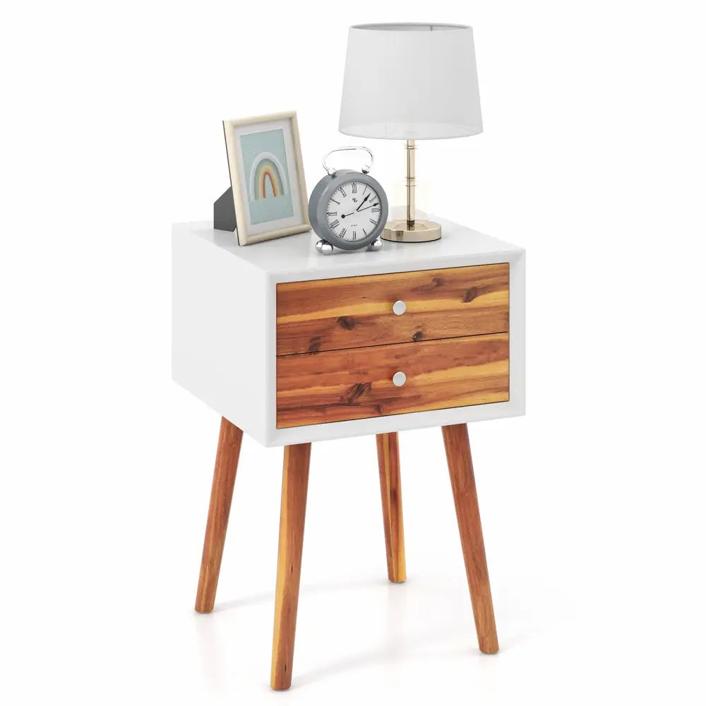 Wooden Nightstand Mid-Century End Side Table with 2 Storage Drawers-Brown - Brown - Nightstands