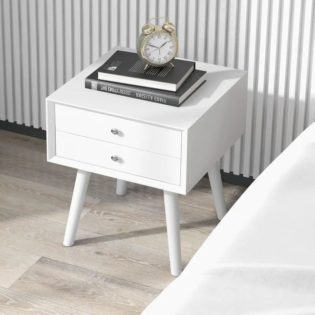 Wooden Nightstand Mid-Century End Side Table with 2 Storage Drawers-White - White - Nightstands