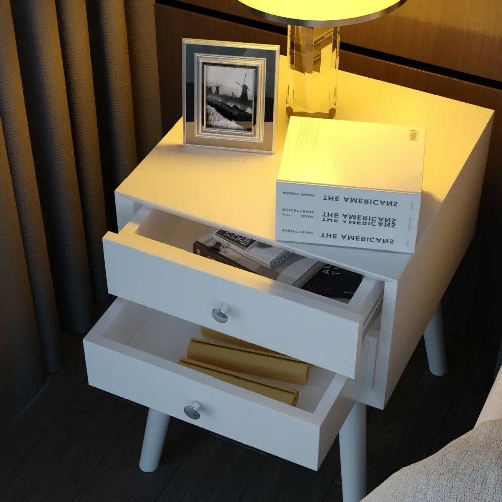 Wooden Nightstand Mid-Century End Side Table with 2 Storage Drawers-White - White - Nightstands