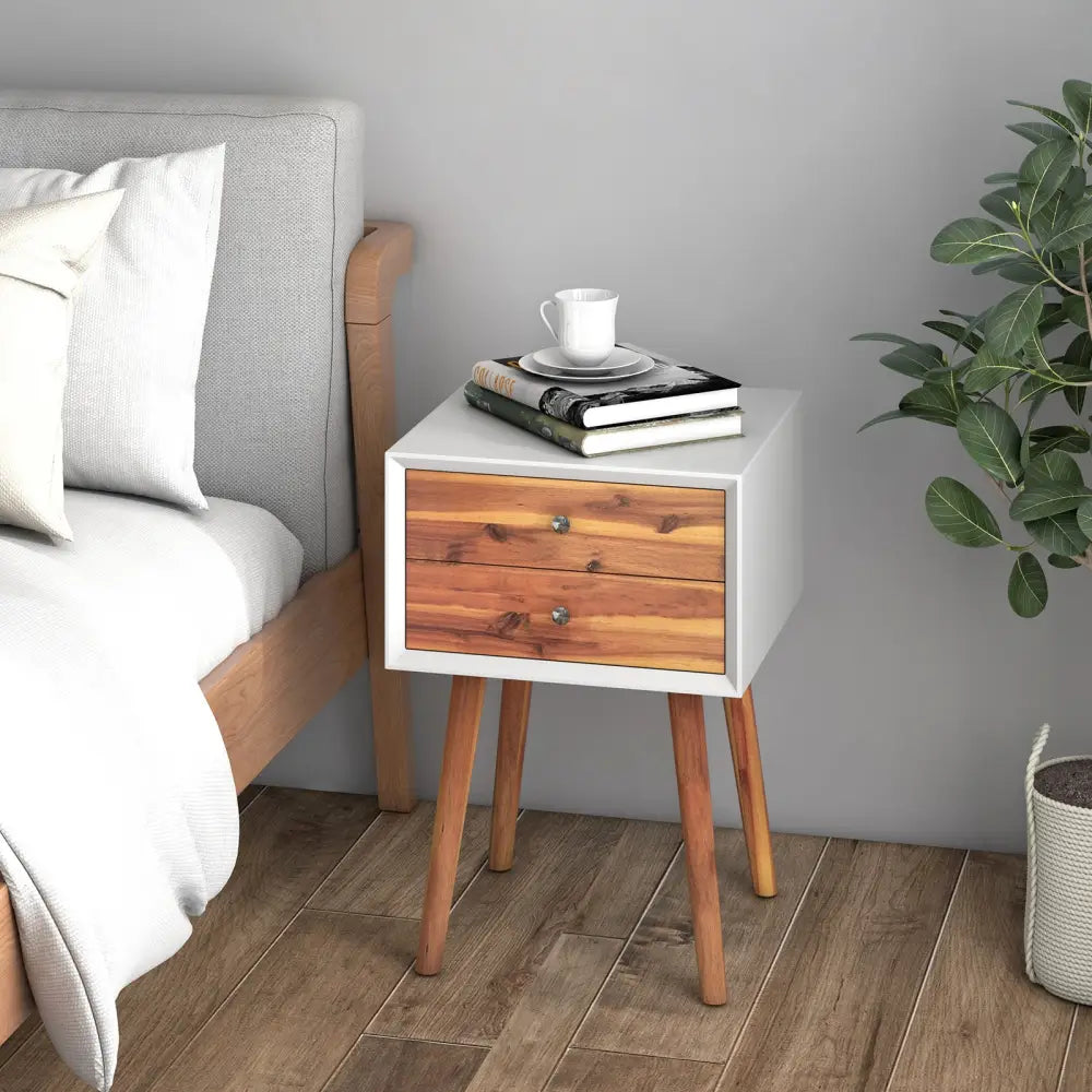 Wooden Nightstand Mid-Century End Side Table with 2 Storage Drawers-Brown - Brown - Nightstands