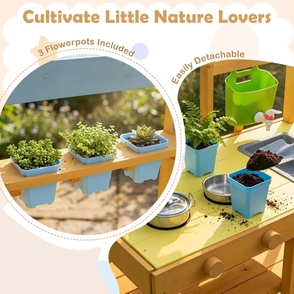 Wooden Outdoor Mud Kitchen for Kids with Flowerpots and Wheels-Yellow - Yellow - Play Kitchen Sets