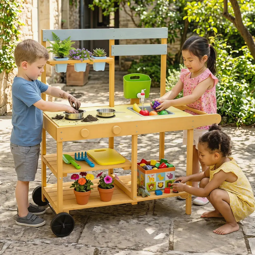 Wooden Outdoor Mud Kitchen for Kids with Flowerpots and Wheels-Yellow - Yellow - Play Kitchen Sets