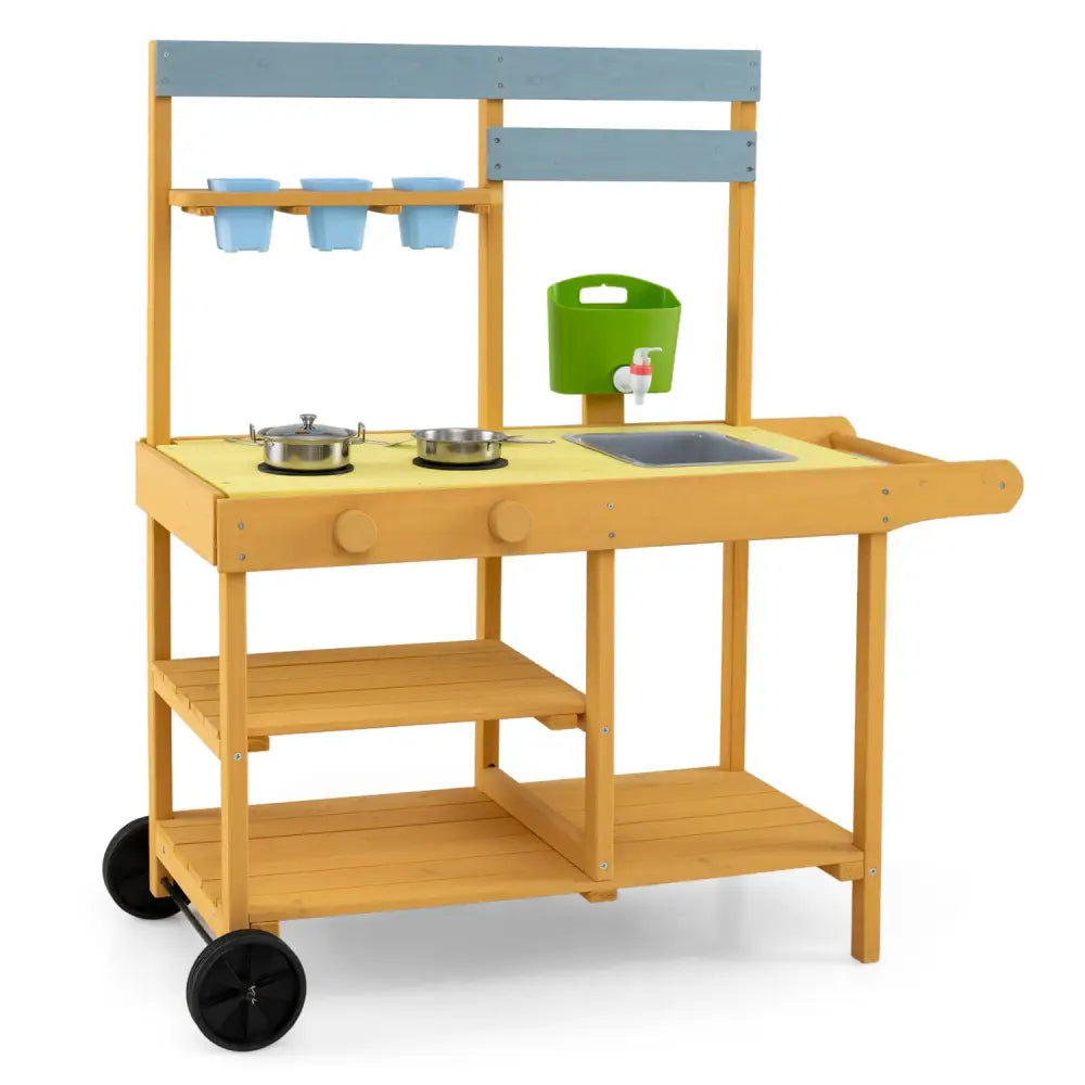 Wooden Outdoor Mud Kitchen for Kids with Flowerpots and Wheels-Yellow - Yellow - Play Kitchen Sets