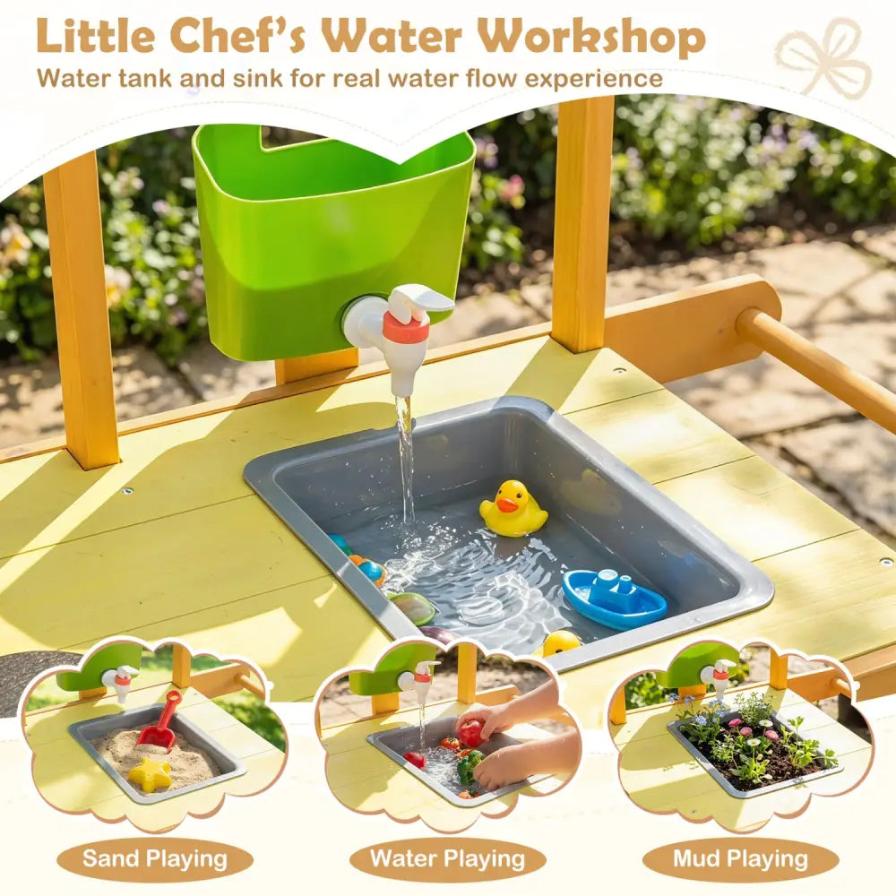 Wooden Outdoor Mud Kitchen for Kids with Flowerpots and Wheels-Yellow - Yellow - Play Kitchen Sets