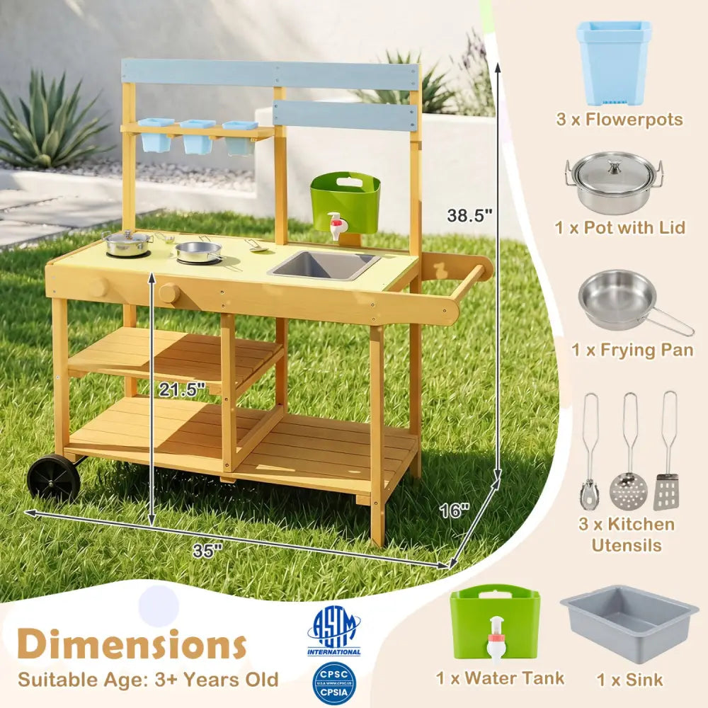 Wooden Outdoor Mud Kitchen for Kids with Flowerpots and Wheels-Yellow - Yellow - Play Kitchen Sets