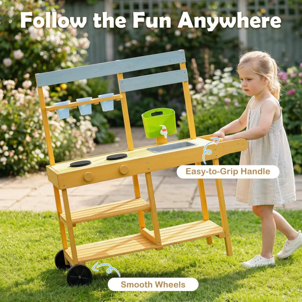 Wooden Outdoor Mud Kitchen for Kids with Flowerpots and Wheels-Yellow - Yellow - Play Kitchen Sets