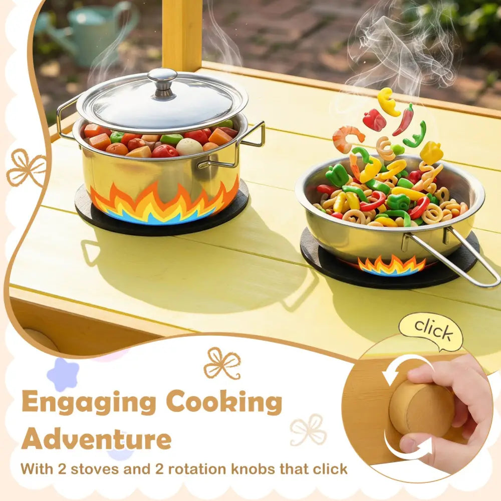 Wooden Outdoor Mud Kitchen for Kids with Flowerpots and Wheels-Yellow - Yellow - Play Kitchen Sets